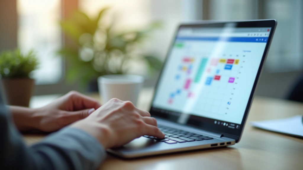 Hands typing at laptop keyboard with calendar automation notifications displayed on monitor