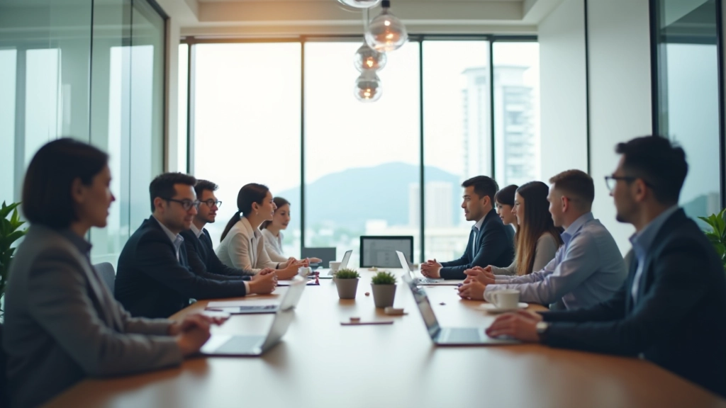 Professional team working in modern office environment with collaborative workspace setup