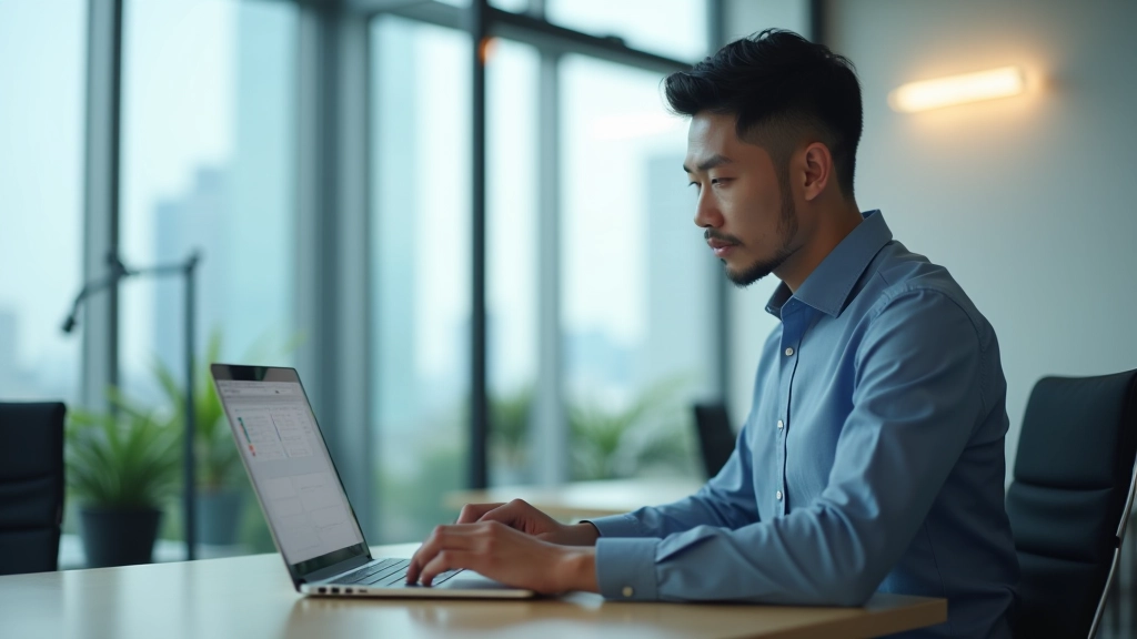Office worker reviewing workflow setup on laptop screen with calendar events and automation settings visible