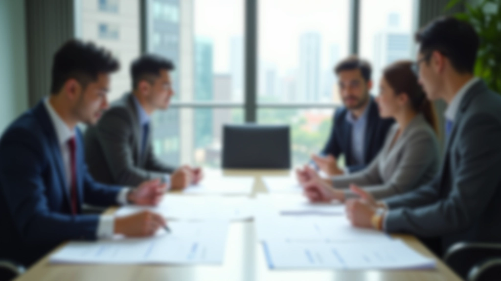 Team members gathered around conference table in modern meeting room with calendar visible on screen