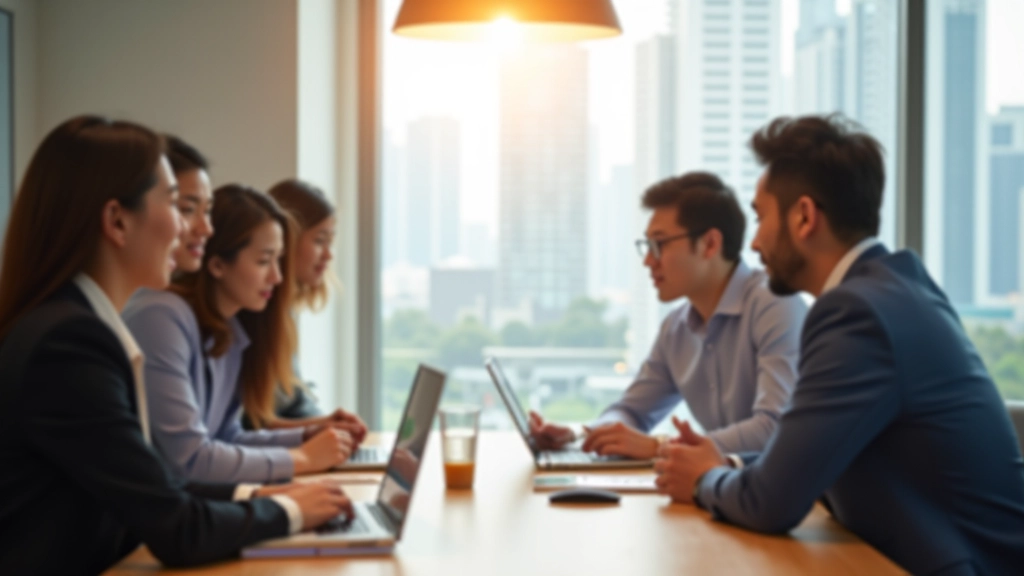 Team members sitting around a conference table looking at shared laptop screen with calendar interface, collaborative meeting environment, natural window lighting
