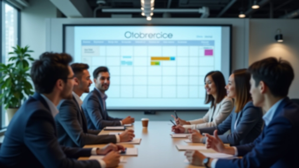 Team members collaborating in a strategic planning session with calendar and workflow optimization discussions