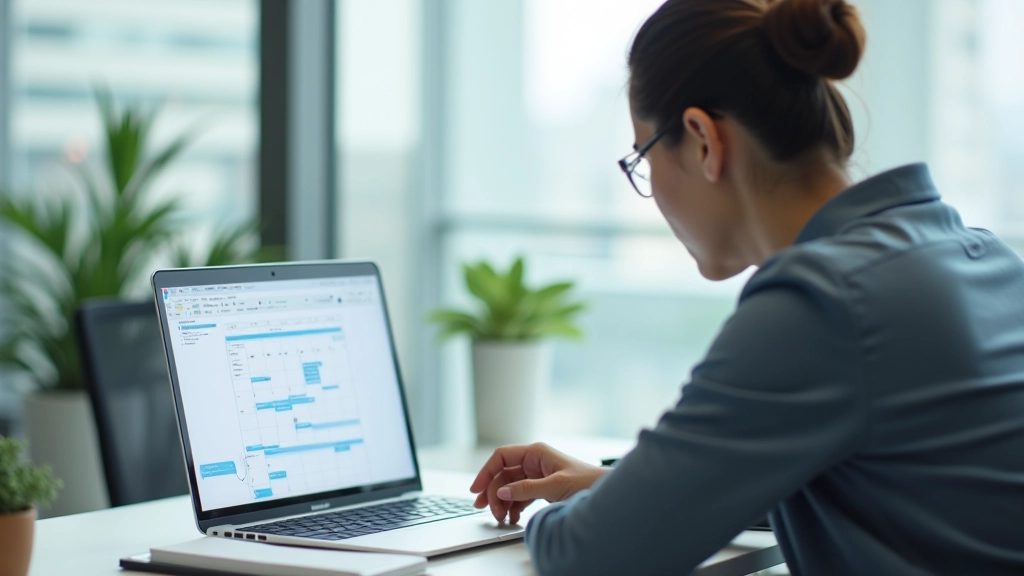 Person at desk with laptop showing calendar interface and notebook with scheduling notes