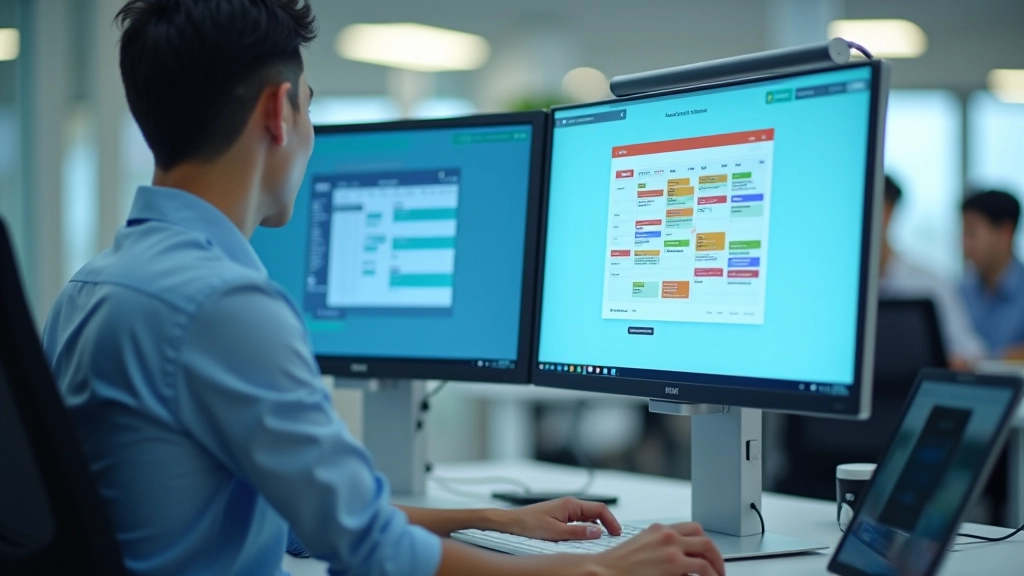 Desk setup with multiple monitors showing calendar application with color-coded events and automation dashboard interface
